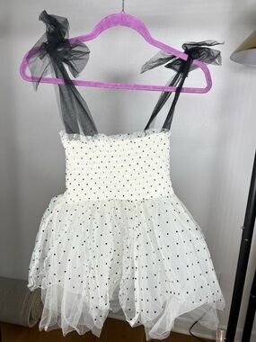 Kimchi Blue White Polka Dot Tulle Smocked  top with Black Tie Straps